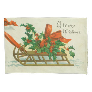Merry Christmas - vintage postcard, sled and holly Pillowcase