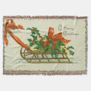 Merry Christmas - vintage postcard, sled and holly Throw Blanket