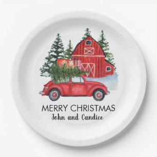 Merry Christmas Vintage Red Car Barn Trees Name Paper Plate