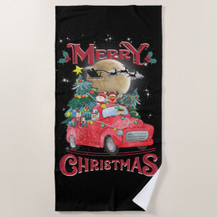Merry Christmas Vintage Red Santa Truck Beach Towel