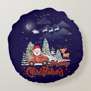 Merry Christmas Vintage Red Santa Truck Gifts Round Cushion
