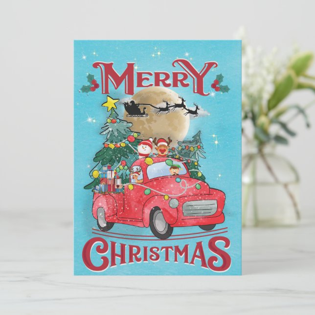 Merry Christmas Vintage Red Santa Truck Holiday Card (Standing Front)