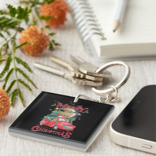 Merry Christmas Vintage Red Santa Truck Key Ring
