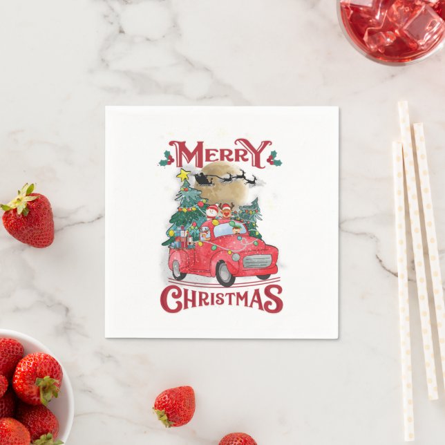 Merry Christmas Vintage Red Santa Truck Napkin (Insitu)