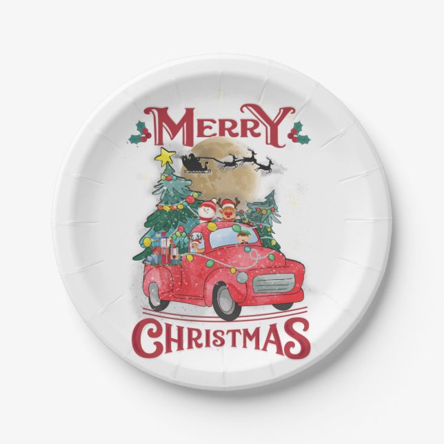 Merry Christmas Vintage Red Santa Truck Paper Plate (Front)