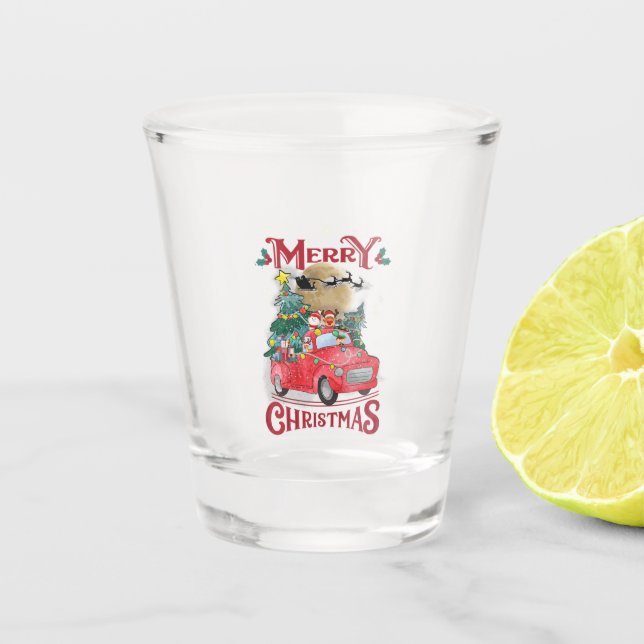 Merry Christmas Vintage Red Santa Truck Shot Glass (Front)