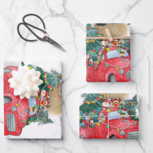 Merry Christmas Vintage Red Santa Truck Wrapping Paper Sheet