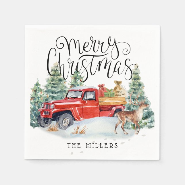 Merry Christmas | Vintage Red Truck Personalised Napkin (Front)