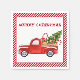 Merry Christmas Vintage Red Truck Stripes Holiday Napkin
