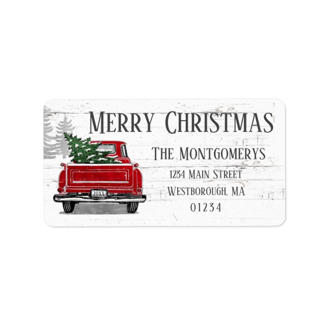 Merry Christmas Vintage Red Truck Tree Address Label (Front)