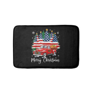 Merry Christmas Vintage Red Truck Us Flag Tree San Bath Mat