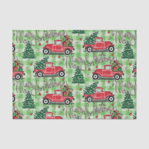 Merry Christmas Vintage Red Trucks Buffalo Check Tissue Paper