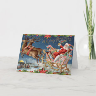 Merry Christmas Vintage Santa Claus on Sleigh  Holiday Card