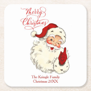 Merry Christmas vintage Santa family ho ho holiday Square Paper Coaster