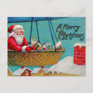 Merry Christmas Vintage Santa in Air Balloon  Postcard