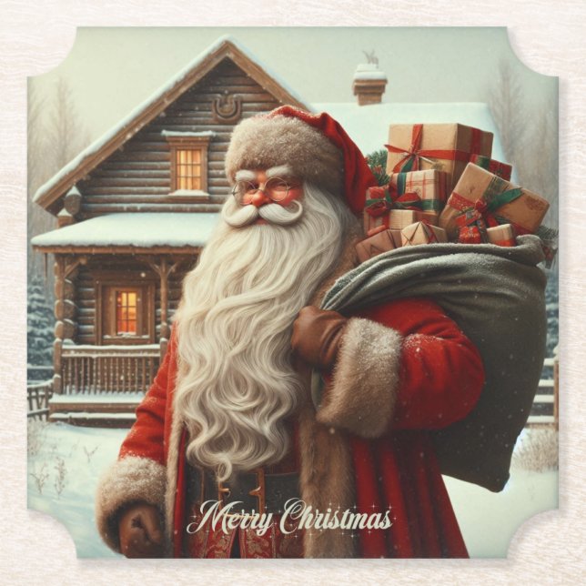 Merry Christmas vintage Santa  Paper Coaster (Front)
