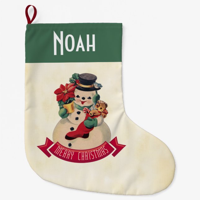 Merry Christmas Vintage Snowman  Large Christmas Stocking (Front)