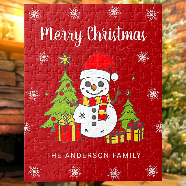Merry Christmas Vintage Tree Snowman Personalised Jigsaw Puzzle (Creator Uploaded)