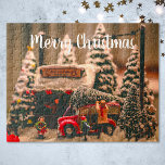 Merry Christmas Vintage Tree Store Red Truck Jigsaw Puzzle<br><div class="desc">Customise the text, and easily create your personalised Christmas puzzle. Click EDIT DESIGN then select TEXT to change the text size or colour. You can TRANSFER this DESIGN to other Zazzle products and adjust it to fit most Zazzle items. Standard Studio designs are made in high-resolution graphics for a professional...</div>
