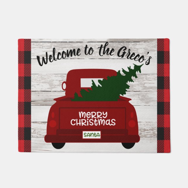 Merry Christmas Vintage Truck Add Name Doormat (Front)