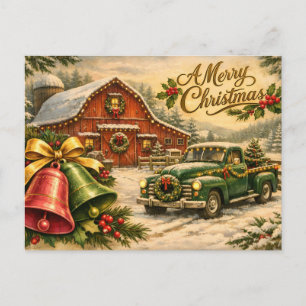 Merry Christmas Vintage Truck, Barn and Bells  Holiday Postcard