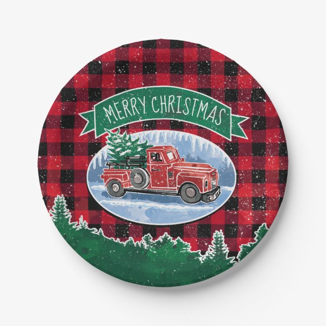 Merry Christmas Vintage Truck Paper Plate (Front)