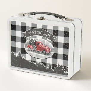 Merry Christmas Vintage Truck White Buffalo Plaid Metal Lunch Box