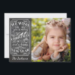 Merry Christmas Vintage Typography Holiday Photo<br><div class="desc">Send your holiday greetings in style with this card featuring a vintage typography design and the words "We Wish You a Merry Christmas and a Happy New Year" set against a black chalkboard background. On the front, add your photo and name. Customise further on the back by adding your own...</div>