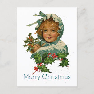 Merry Christmas Vintage Victorian Holly Girl Holiday Postcard