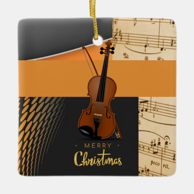 Merry Christmas Violin Design Ceramic Ornament (Front)