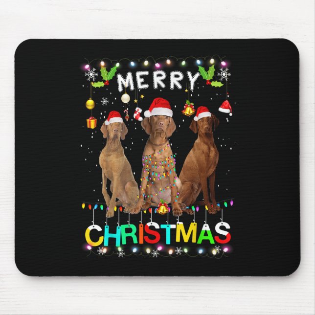 Merry Christmas Vizsla Shirt Santa Hat Lights Xmas Mouse Pad (Front)