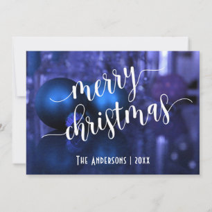 Merry Christmas w/ Blue & Purple Glass Balls Holiday Card
