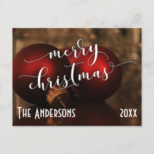 Merry Christmas w/ Red Glass Balls, Personalised Holiday Postcard