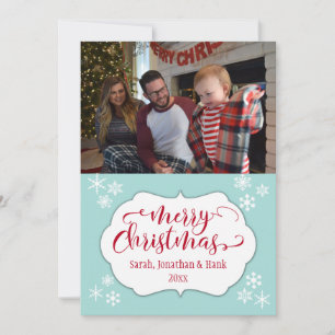 Merry Christmas w/ Robin's Egg Blue & Snowflakes Holiday Card