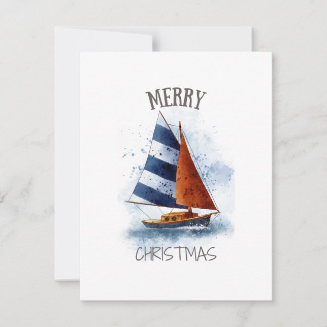 Merry Christmas Water Colour Sailboat Holiday Card (Front)