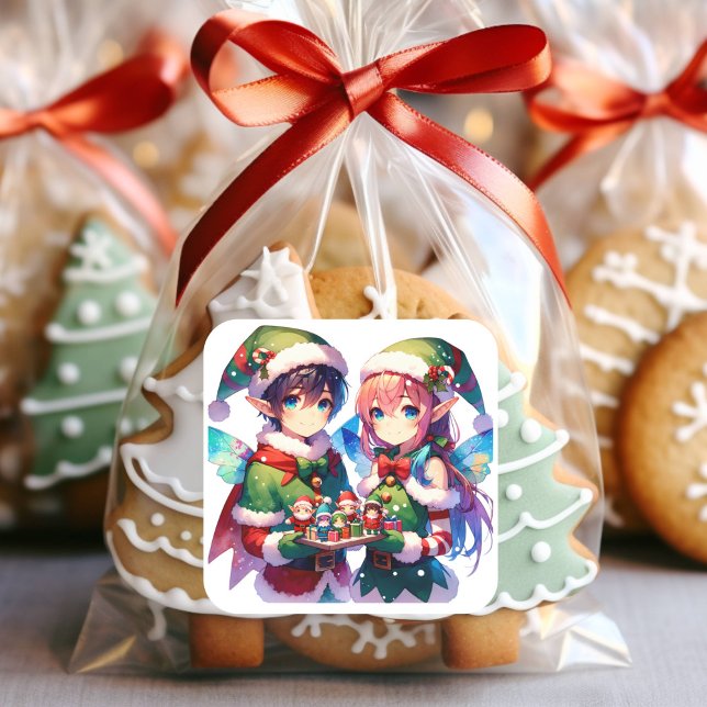 Merry Christmas Watercolor Anime Elves Holiday Square Sticker (Creator Uploaded)