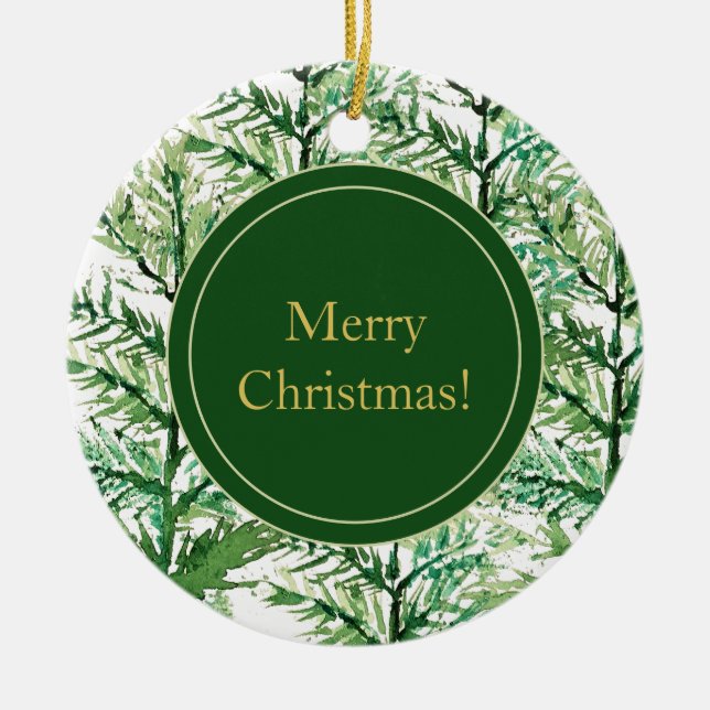 Merry Christmas Watercolor Art Tree Ceramic Ornament (Front)