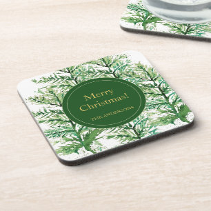 Merry Christmas Watercolor Art Tree personalised Coaster