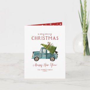 Merry Christmas   Watercolor Blue Truck Holiday