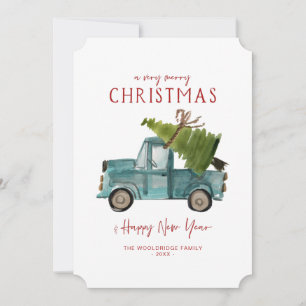 Merry Christmas Watercolor Blue Truck Holiday Card