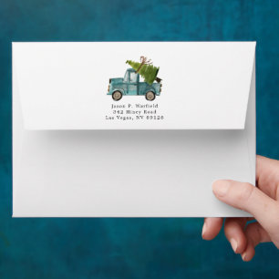 Merry Christmas   Watercolor Blue Truck Holiday Envelope