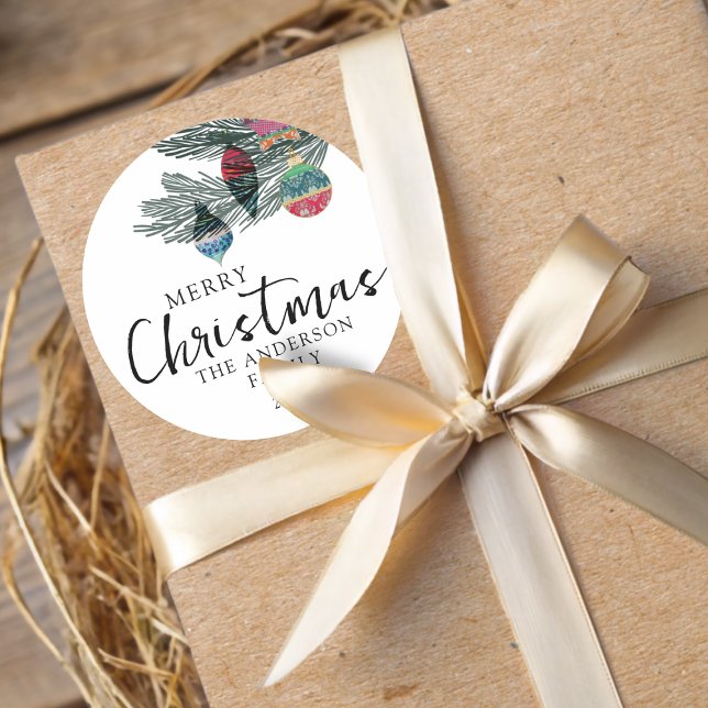 Merry Christmas Watercolor Botancial  Classic Round Sticker (Creator Uploaded)