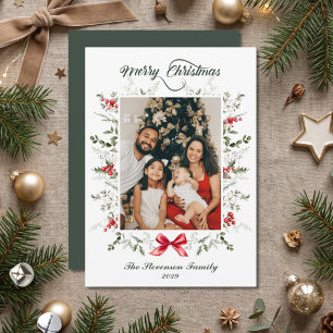 Merry Christmas Watercolor Botanical Frame Photo Holiday Card