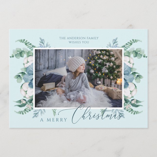 Merry Christmas Watercolor Botanical Holiday Photo Card (Front)