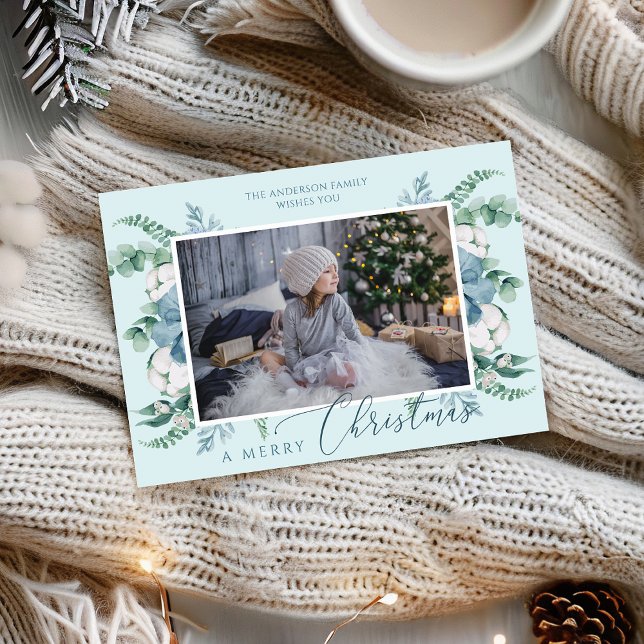 Merry Christmas Watercolor Botanical Holiday Photo Card (Creator Uploaded)