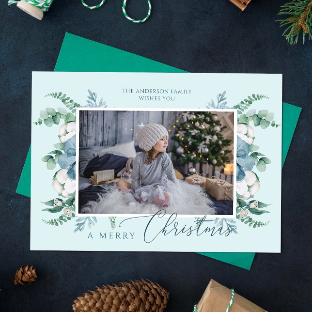 Merry Christmas Watercolor Botanical Holiday Photo Card (Creator Uploaded)