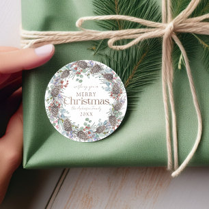 Merry Christmas Watercolor Botanical Wreath  Classic Round Sticker