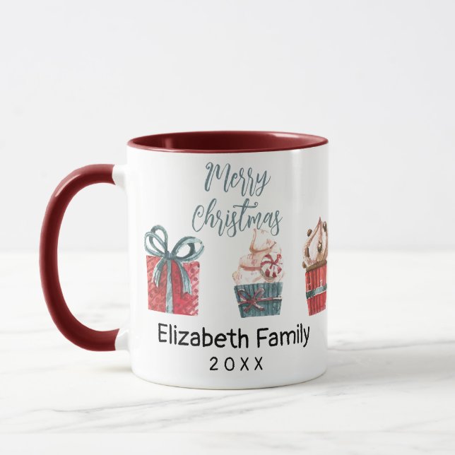 Merry Christmas Watercolor candy cane Gift Maroon Mug (Left)