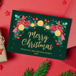 Merry Christmas Watercolor Cardinal Birds Green Foil Holiday Card<br><div class="desc">This design features a stunning hand painted watercolor arch of red cardinal Christmas birds,  with botanicals such as poinsettia flowers,  holly,  pine berries,  flowers and oranges. On the back of the card is an pattern featuring the cardinal birds and foliage. Customise all the text. See the whole matching collection!</div>