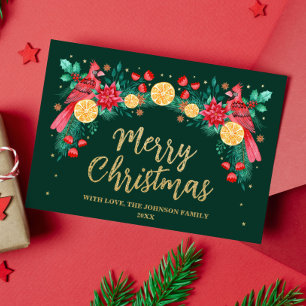 Merry Christmas Watercolor Cardinal Birds Green Foil Holiday Card